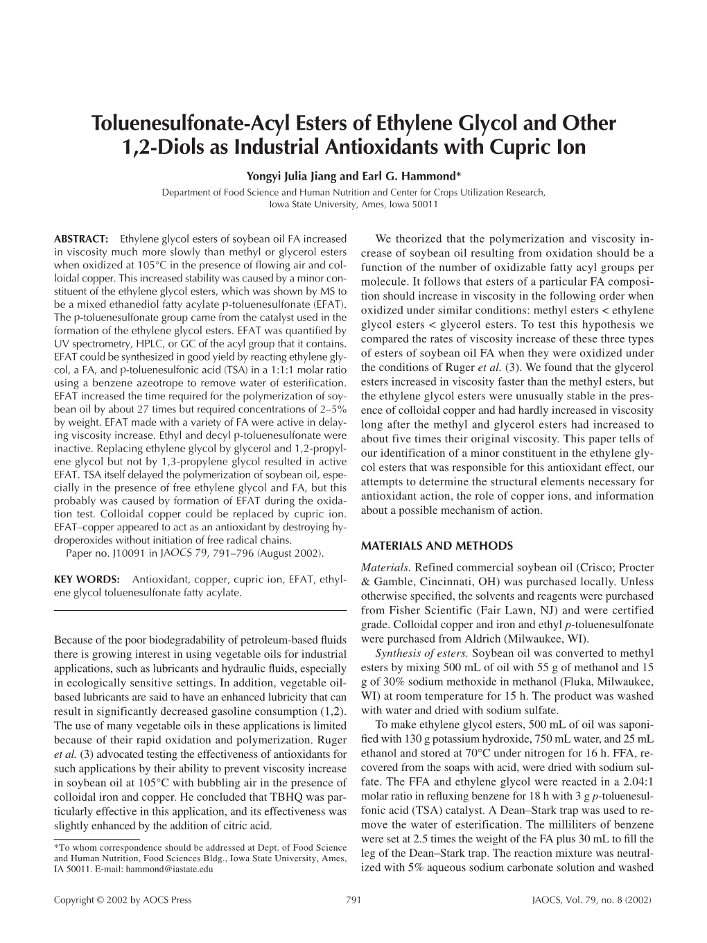 Toluenesulfonate-Acyl Esters of Ethylene Glycol and Other 1,2-Diols As Industrial Antioxidants with Cupric Ion Yongyi Julia Jiang and Earl G