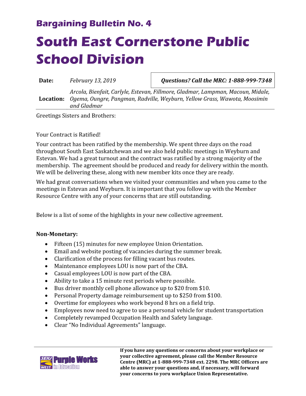 Bargaining Bulletin No. 4 South East Cornerstone Public School Division