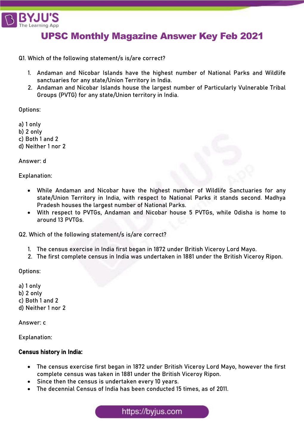 UPSC Monthly Magazine Answer Key Feb 2021