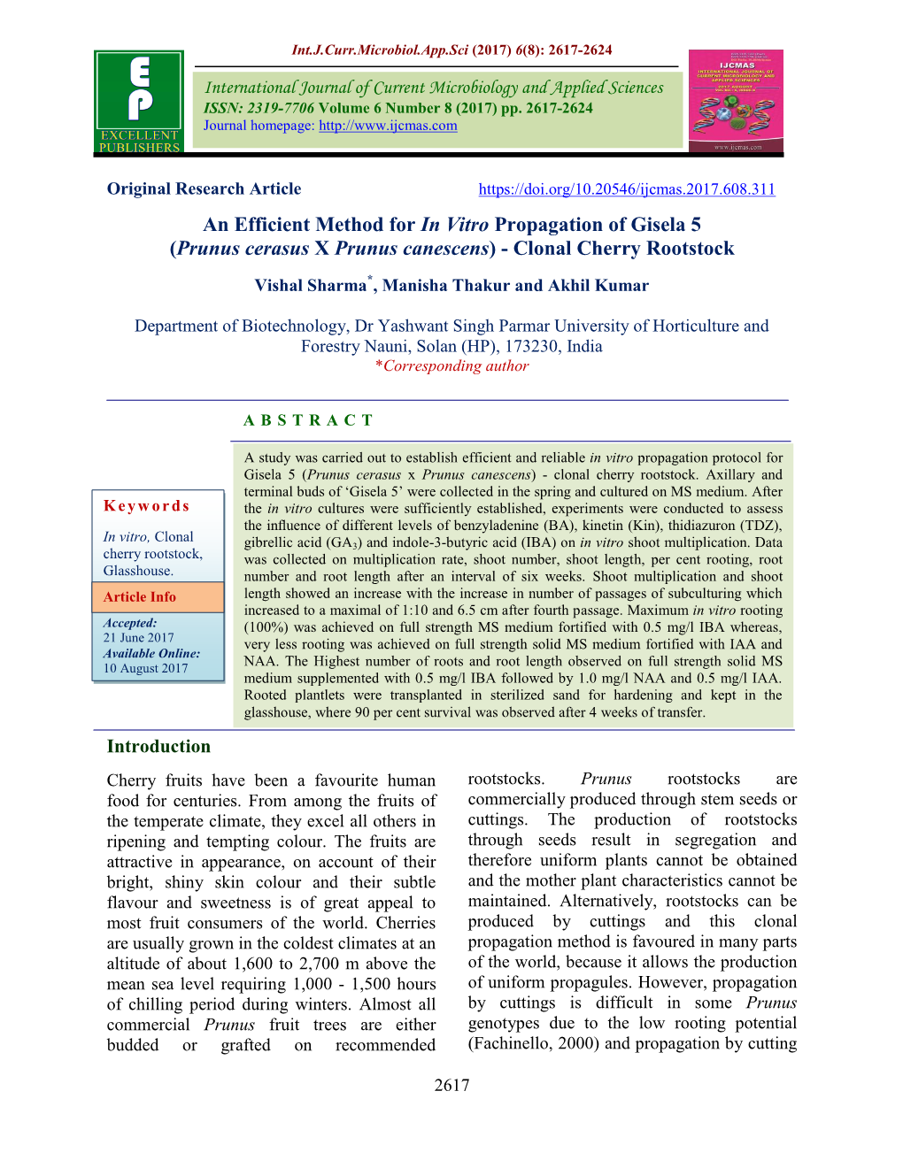 An Efficient Method for in Vitro Propagation of Gisela 5 (Prunus Cerasus X Prunus Canescens) - Clonal Cherry Rootstock