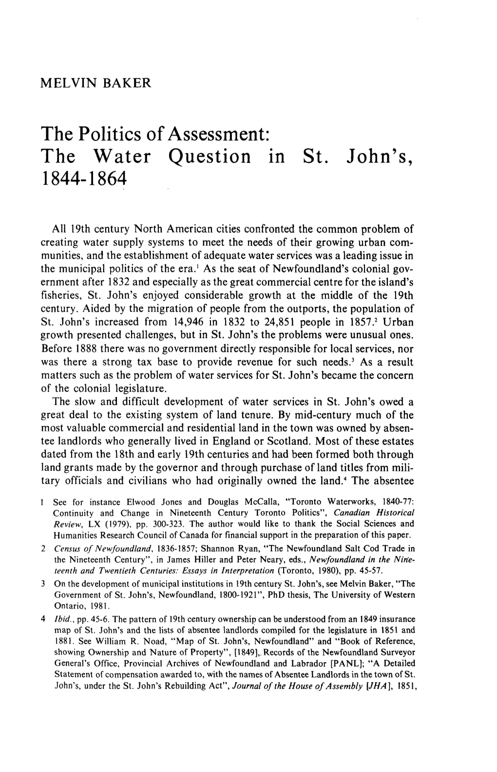 The Politics of Assessment: the Water Question in St. John's, 1844-1864