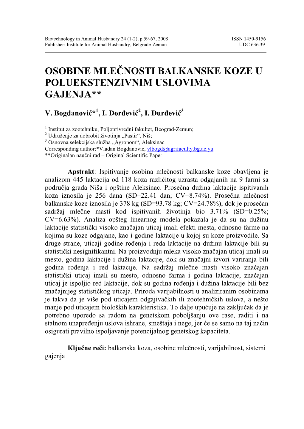 Osobine Mlečnosti Balkanske Koze U Poluekstenzivnim Uslovima Gajenja**