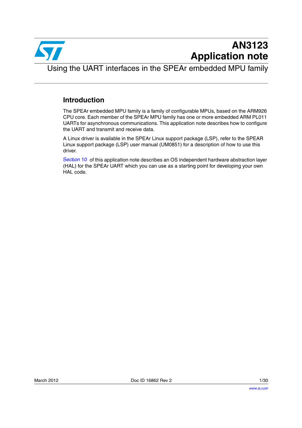 AN3123 Application Note Using the UART Interfaces in the Spear Embedded MPU Family