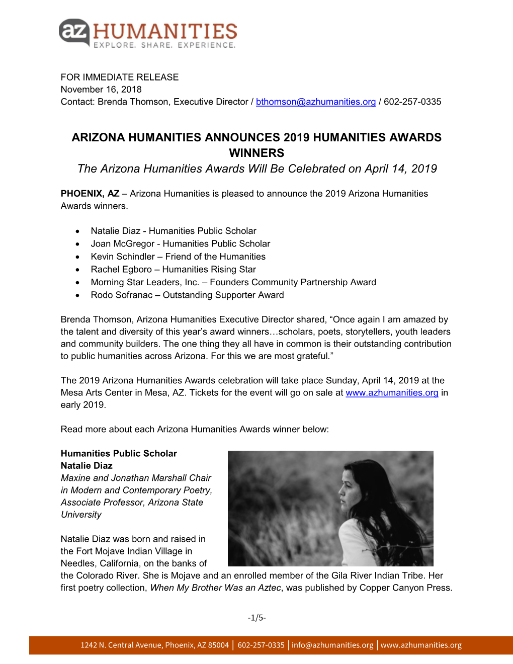Announcing the 2019 Arizona Humanities Awards Winners