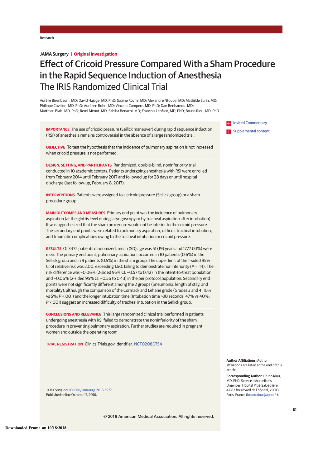 Effect of Cricoid Pressure Compared with a Sham Procedure in the Rapid Sequence Induction of Anesthesia the IRIS Randomized Clinical Trial