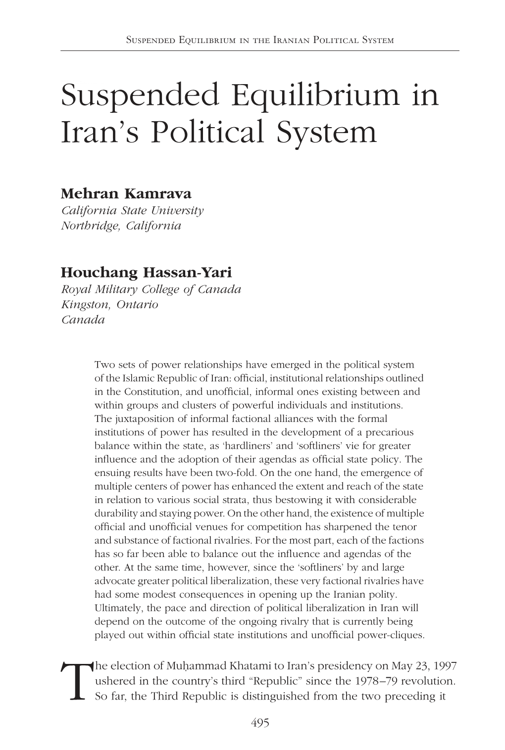 Suspended Equilibrium in Iran's Political System