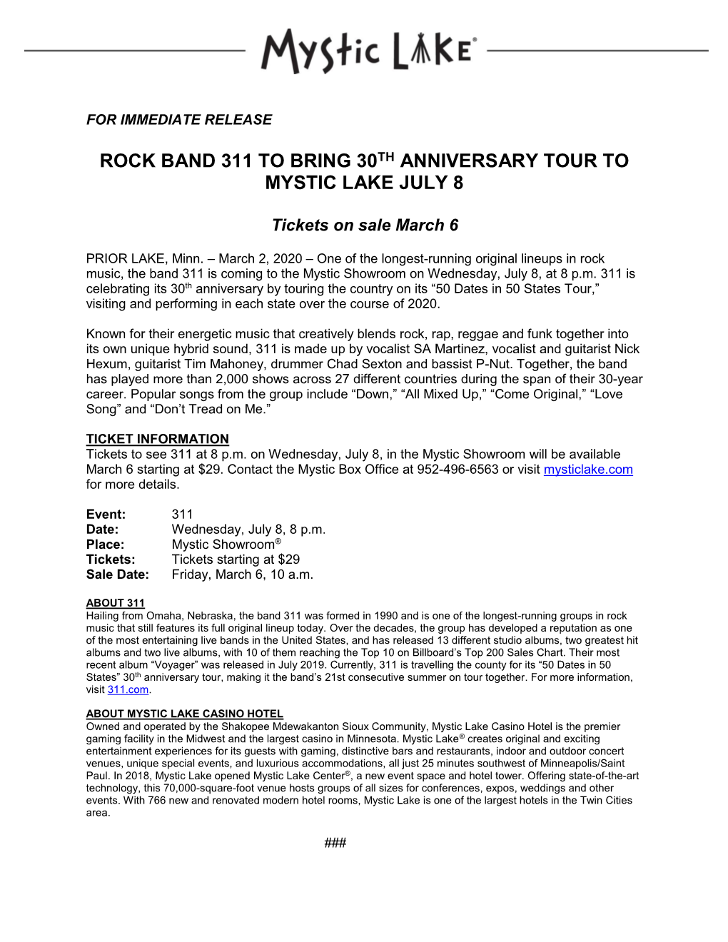 Rock Band 311 to Bring 30Th Anniversary Tour to Mystic Lake July 8