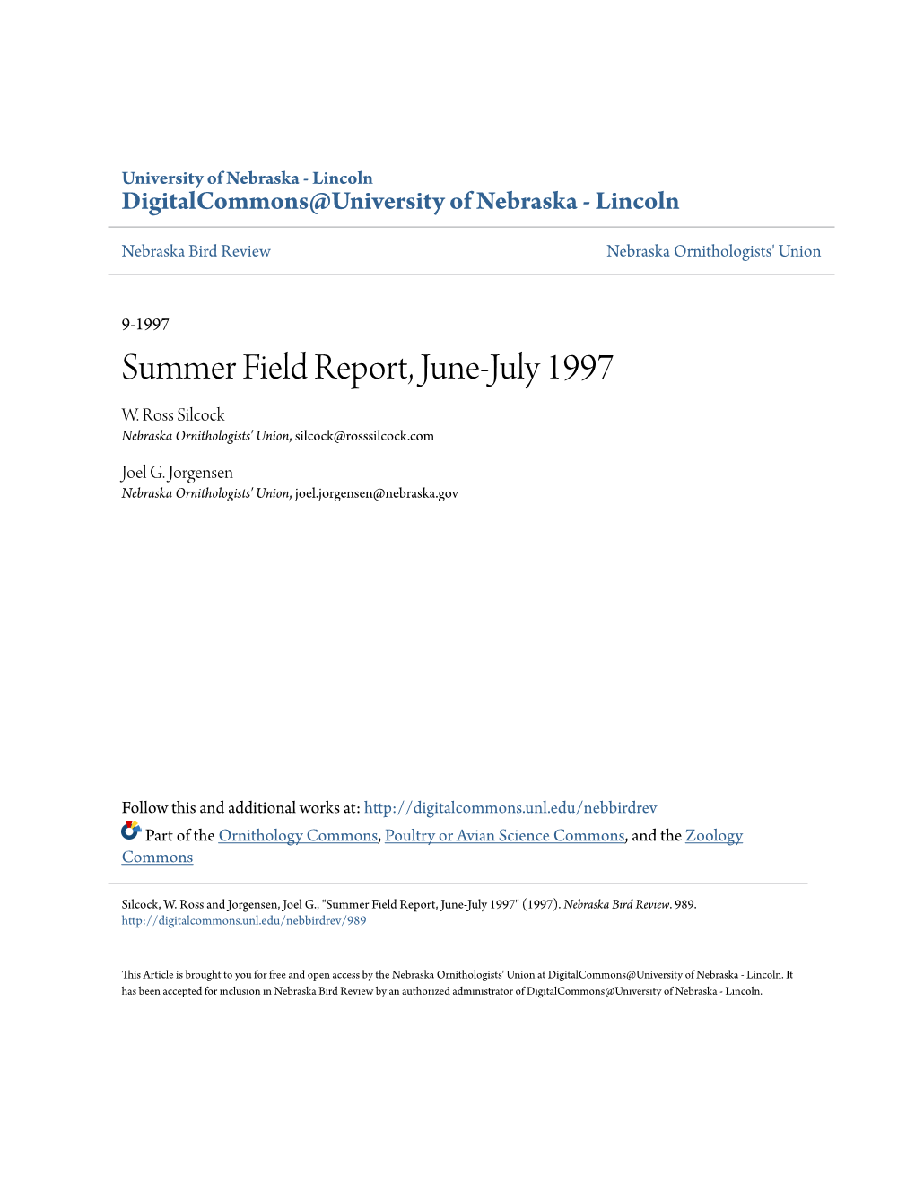 Summer Field Report, June-July 1997 W