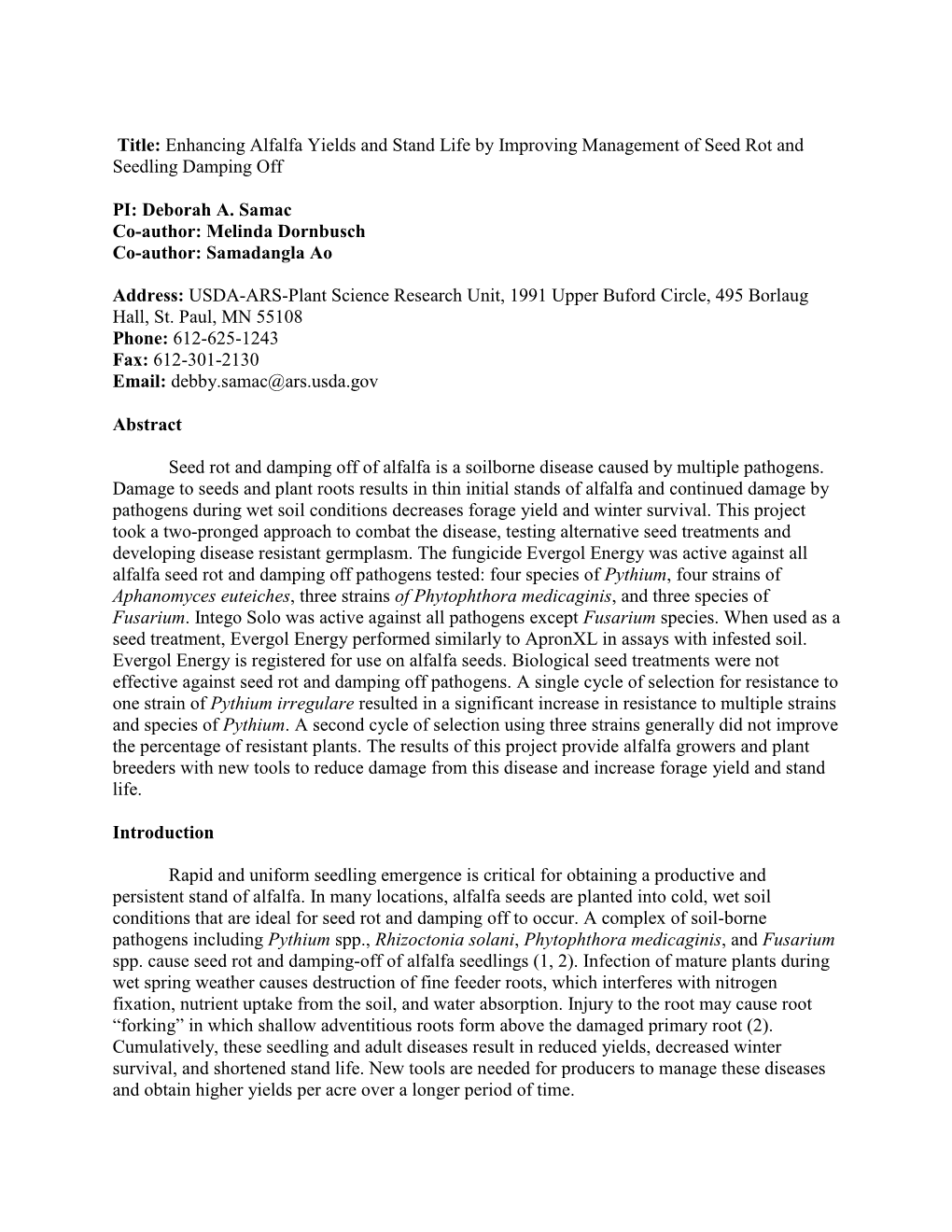 Enhancing Alfalfa Yields and Stand Life by Improving Management of Seed Rot and Seedling Damping Off