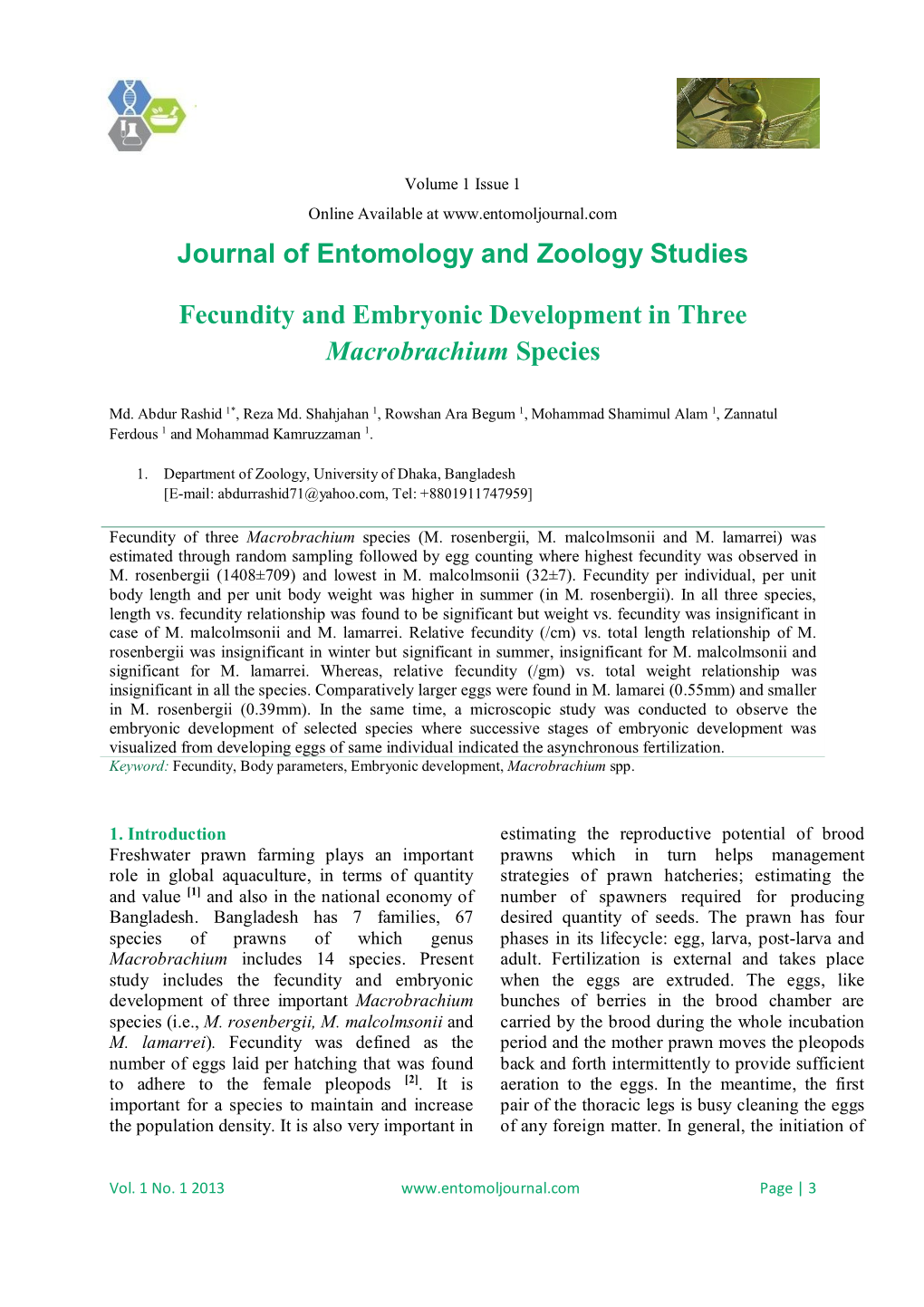 Journal of Entomology and Zoology Studies Fecundity and Embryonic