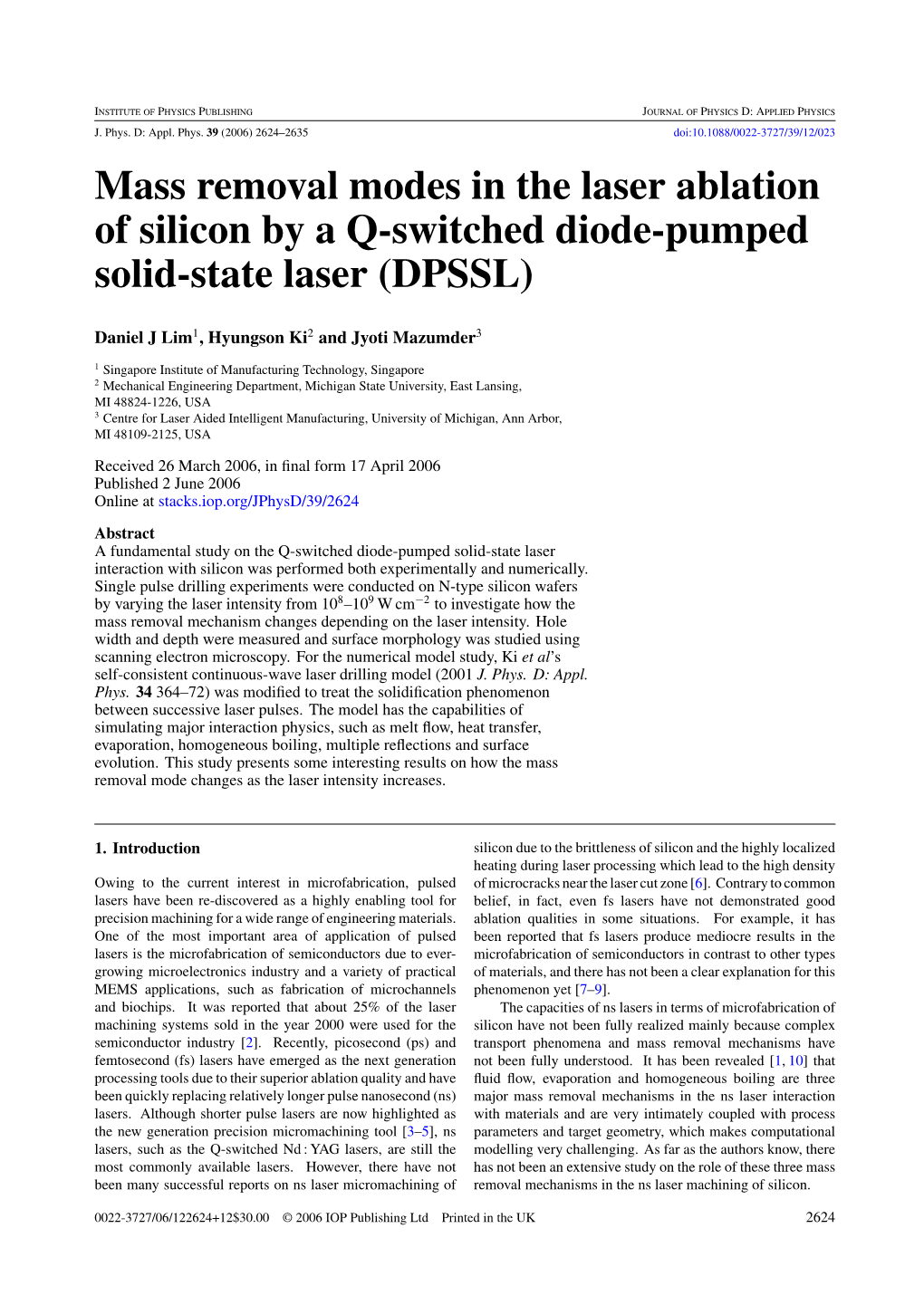 Mass Removal Modes in the Laser Ablation of Silicon by a Q-Switched Diode-Pumped Solid-State Laser (DPSSL)