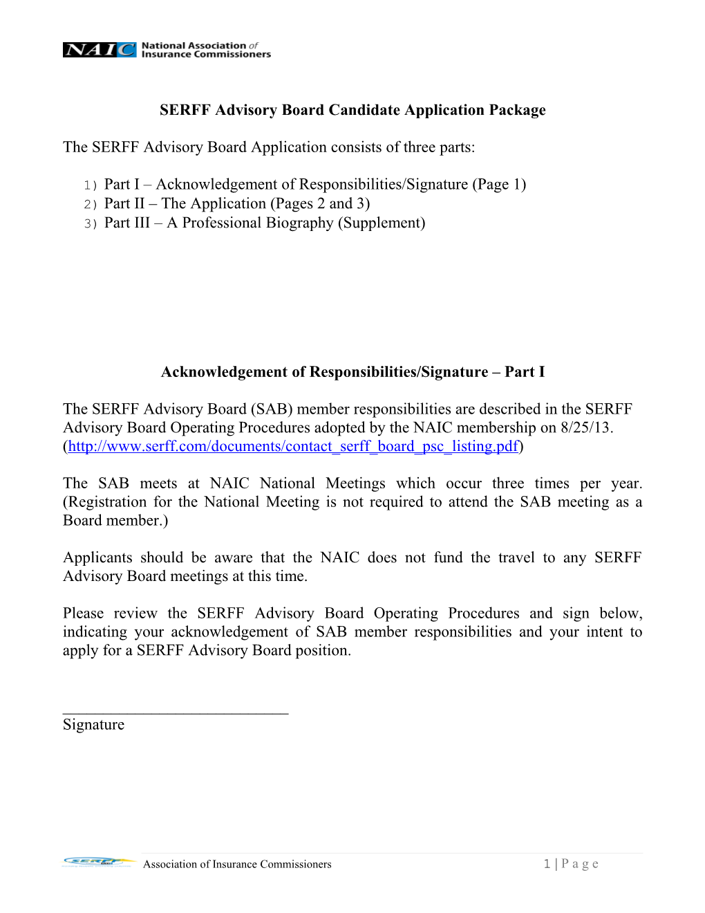 SERFF Advisory Board Candidate Application Package