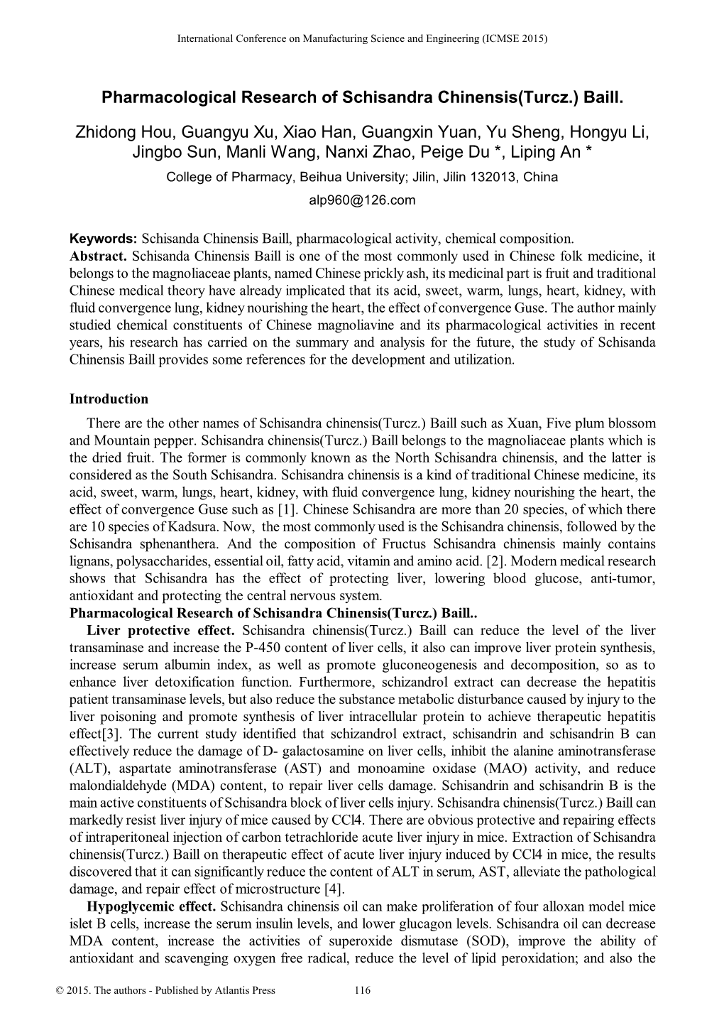 Pharmacological Research of Schisandra Chinensis(Turcz.) Baill