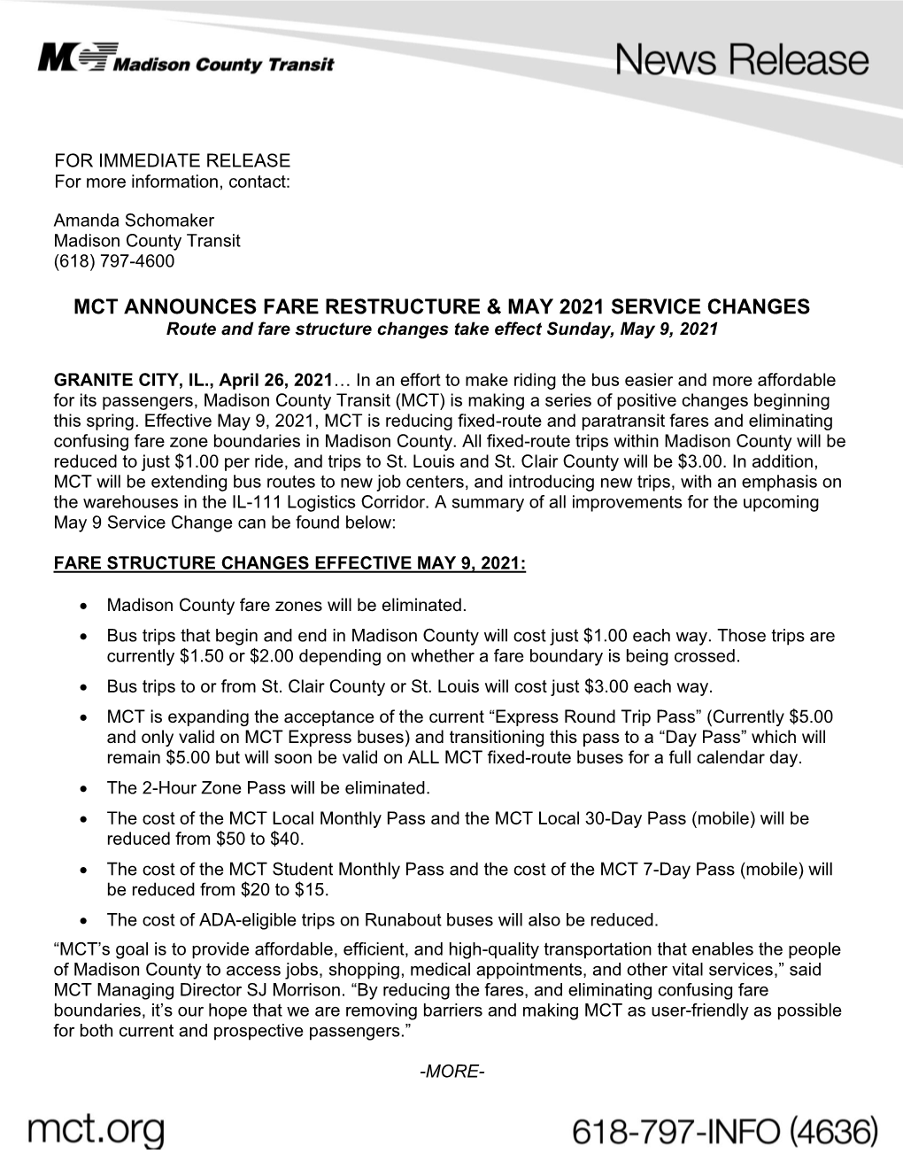 Mct Announces Fare Restructure & May 2021 Service Changes