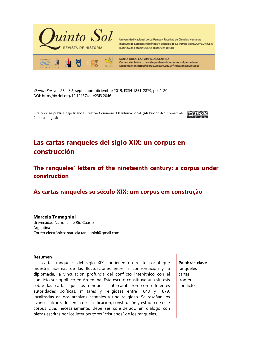 Las Cartas Ranqueles Del Siglo XIX: Un Corpus En Construcción