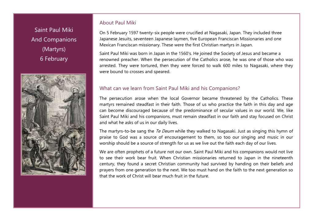 Saint Paul Miki and Companions (Martyrs) 6 February