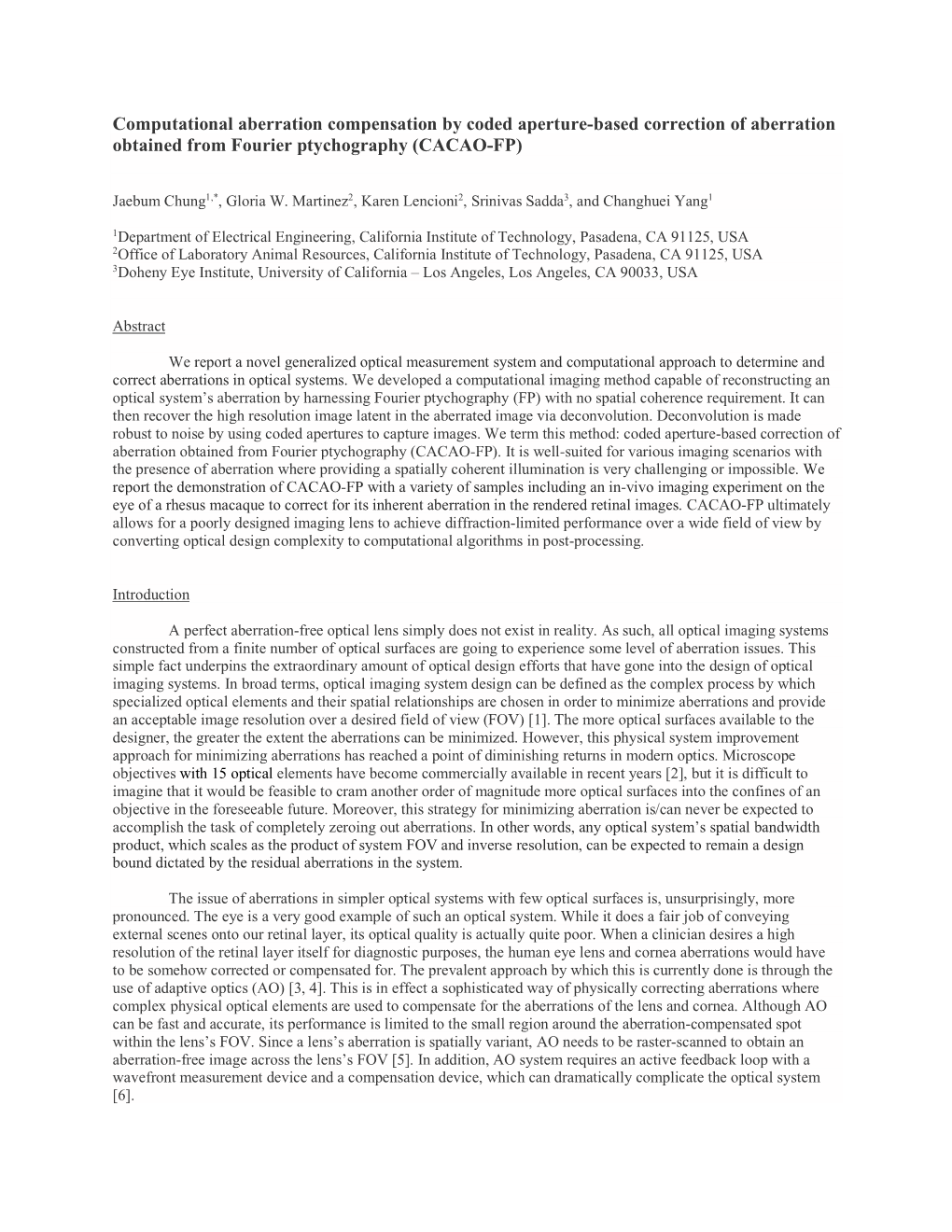 Computational Aberration Compensation by Coded Aperture-Based Correction of Aberration Obtained from Fourier Ptychography (CACAO-FP)