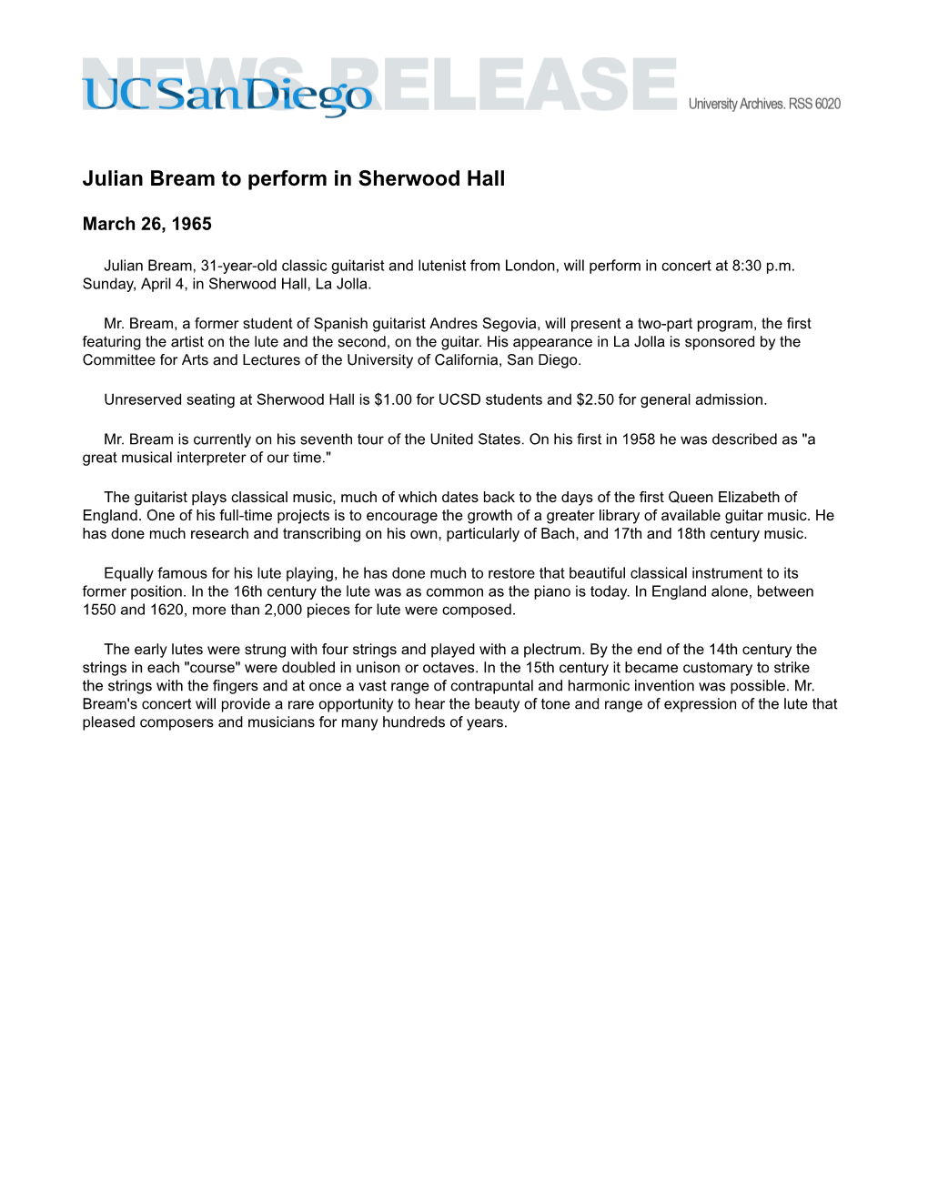 Julian Bream to Perform in Sherwood Hall