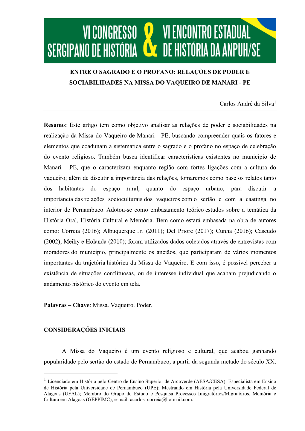 Entre O Sagrado E O Profano: Relações De Poder E Sociabilidades Na Missa Do Vaqueiro De Manari - Pe