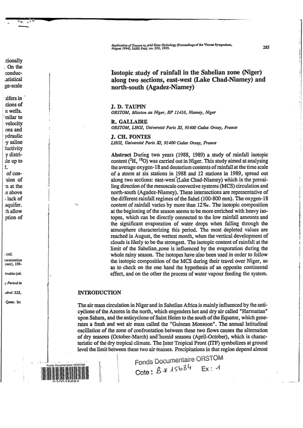 Isotopic Study of Rainfall in the Sahelian Zone (Niger)