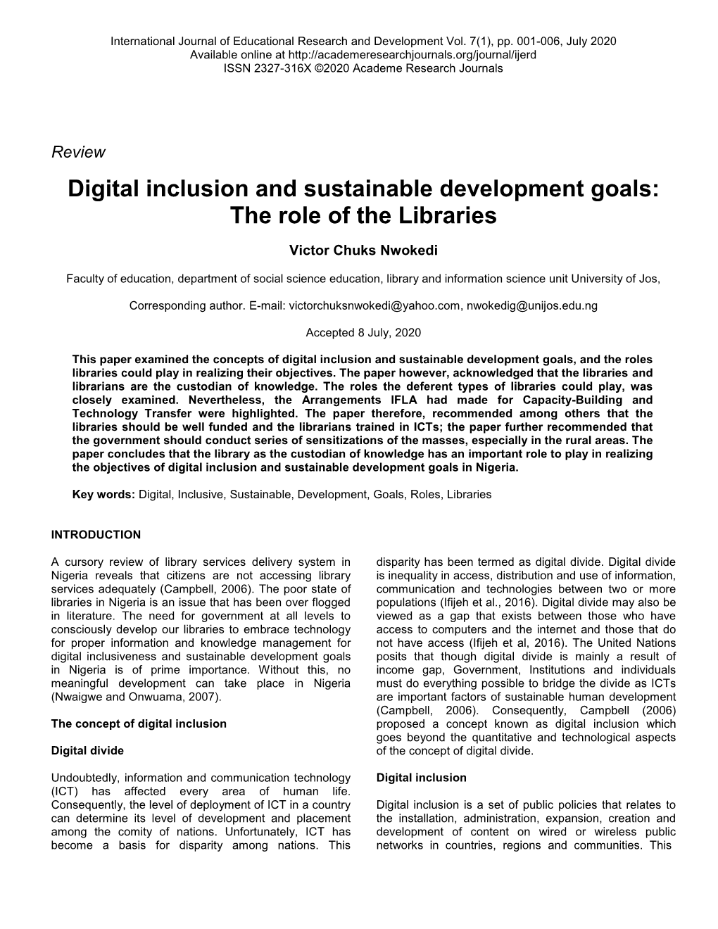 Digital Inclusion and Sustainable Development Goals: the Role of the Libraries