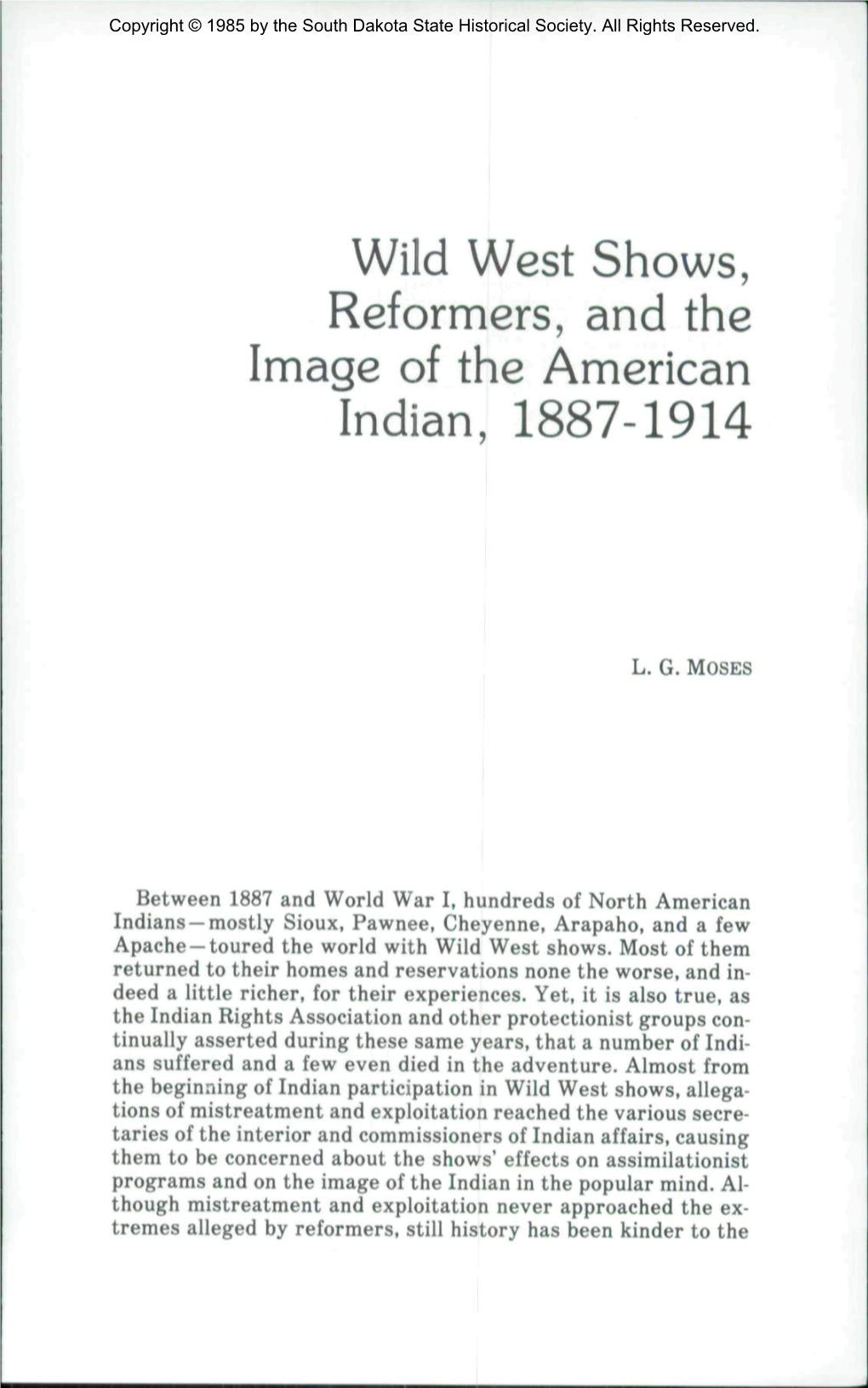 Wild West Shows, Reformers, and the Image of the American Indian, 1887-1914