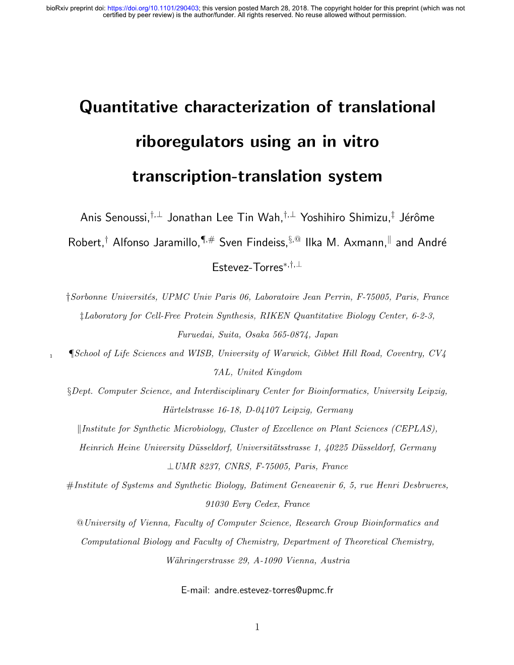 Quantitative Characterization of Translational Riboregulators Using an in Vitro Transcription-Translation System