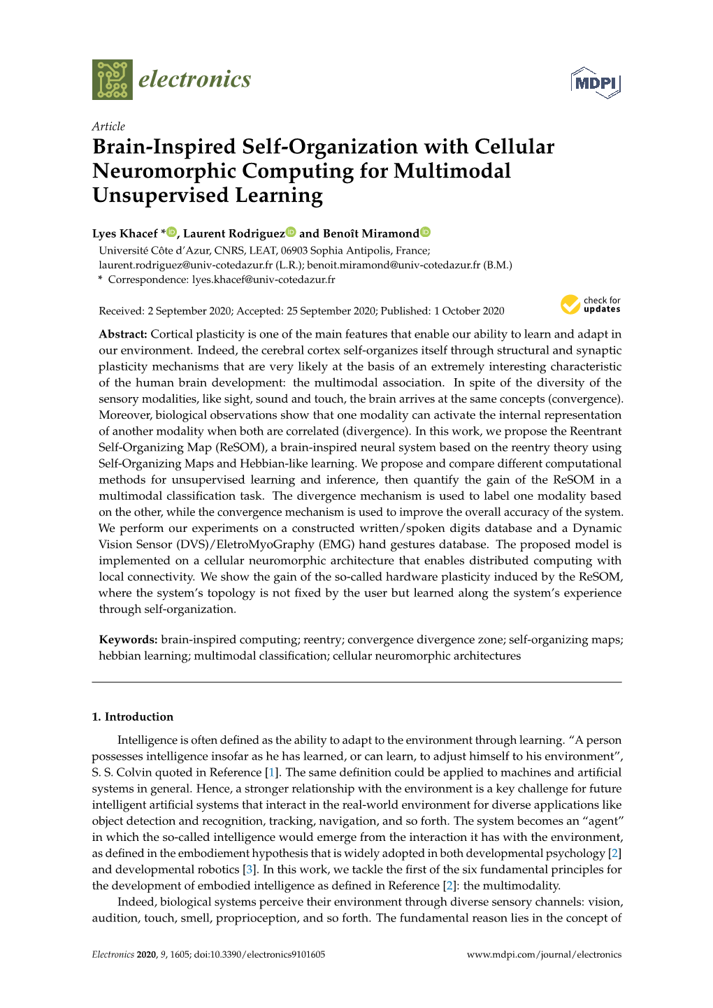 Brain-Inspired Self-Organization with Cellular Neuromorphic Computing for Multimodal Unsupervised Learning