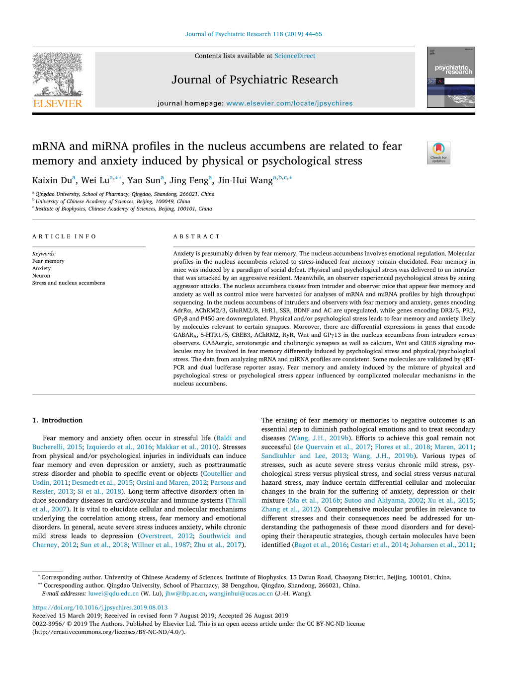 Mrna and Mirna Profiles in the Nucleus Accumbens Are Related To