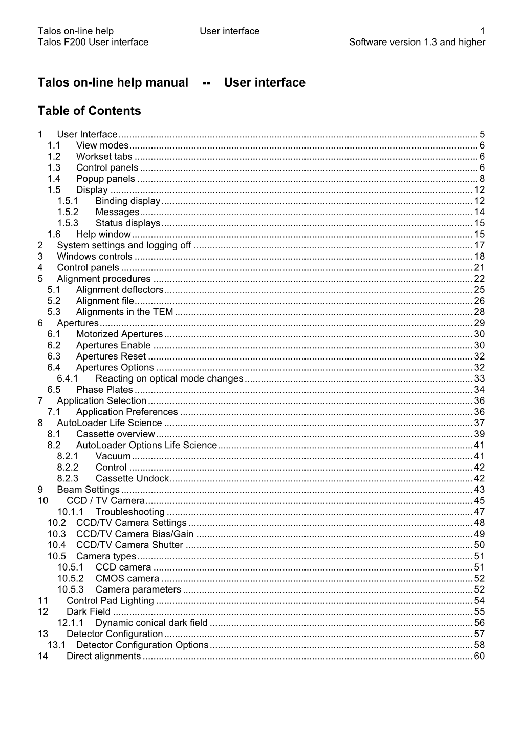 Talos On-Line Help Manual -- User Interface Table of Contents