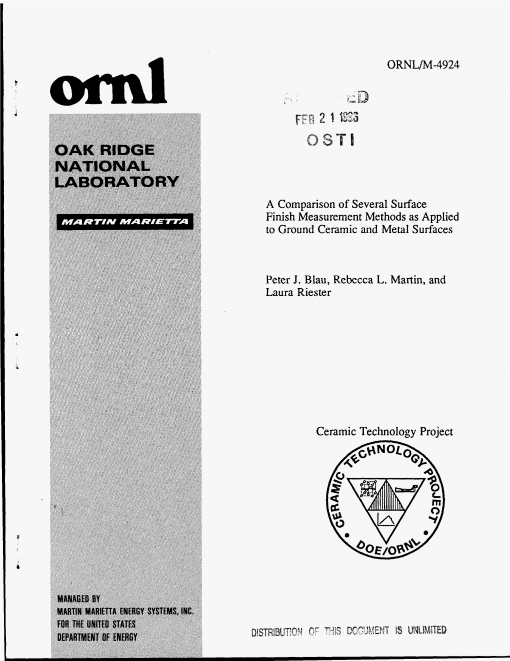 ORNL/M-4924 a Comparison of Several Surface Finish