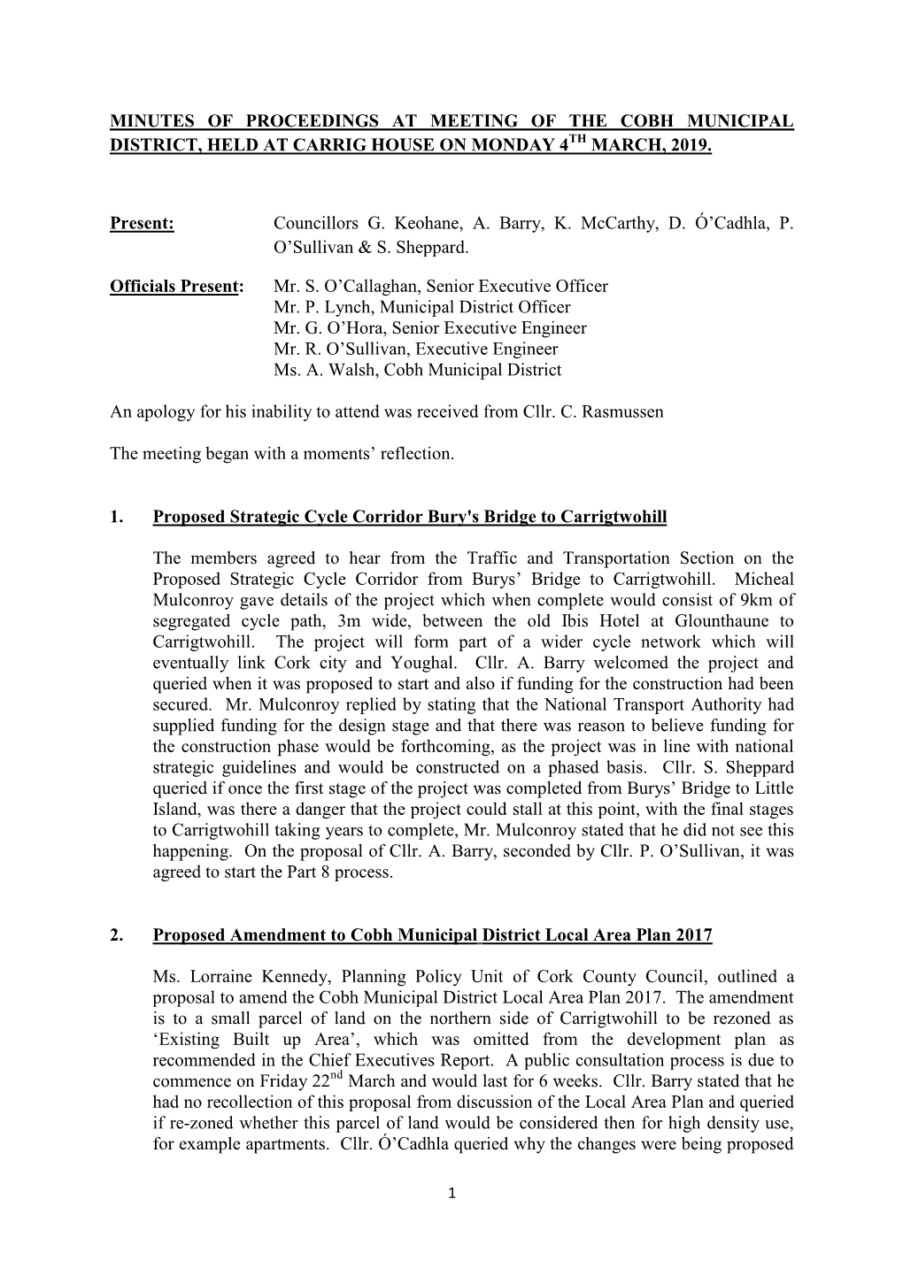 Minutes of Proceedings at Meeting of the Cobh Municipal District, Held at Carrig House on Monday 4Th March, 2019