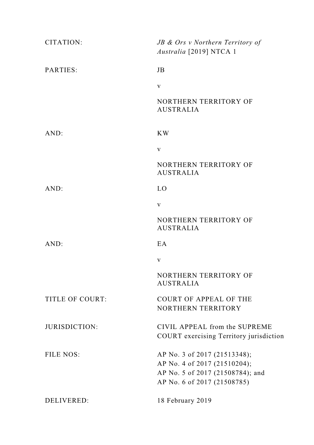 JB V NORTHERN TERRITORY of AUSTRALIA