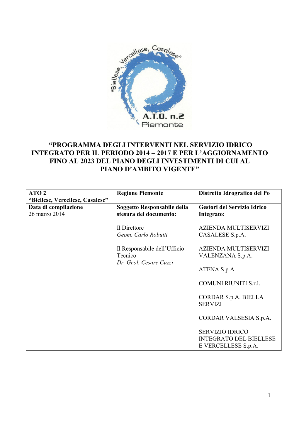 Programma Degli Interventi Nel Servizio Idrico Integrato Per Il Periodo