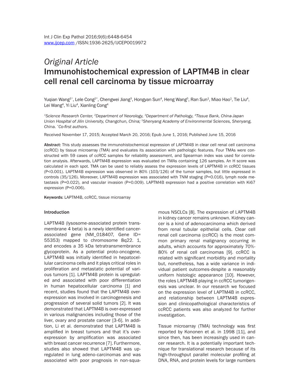 Original Article Immunohistochemical Expression of LAPTM4B in Clear Cell Renal Cell Carcinoma by Tissue Microarray