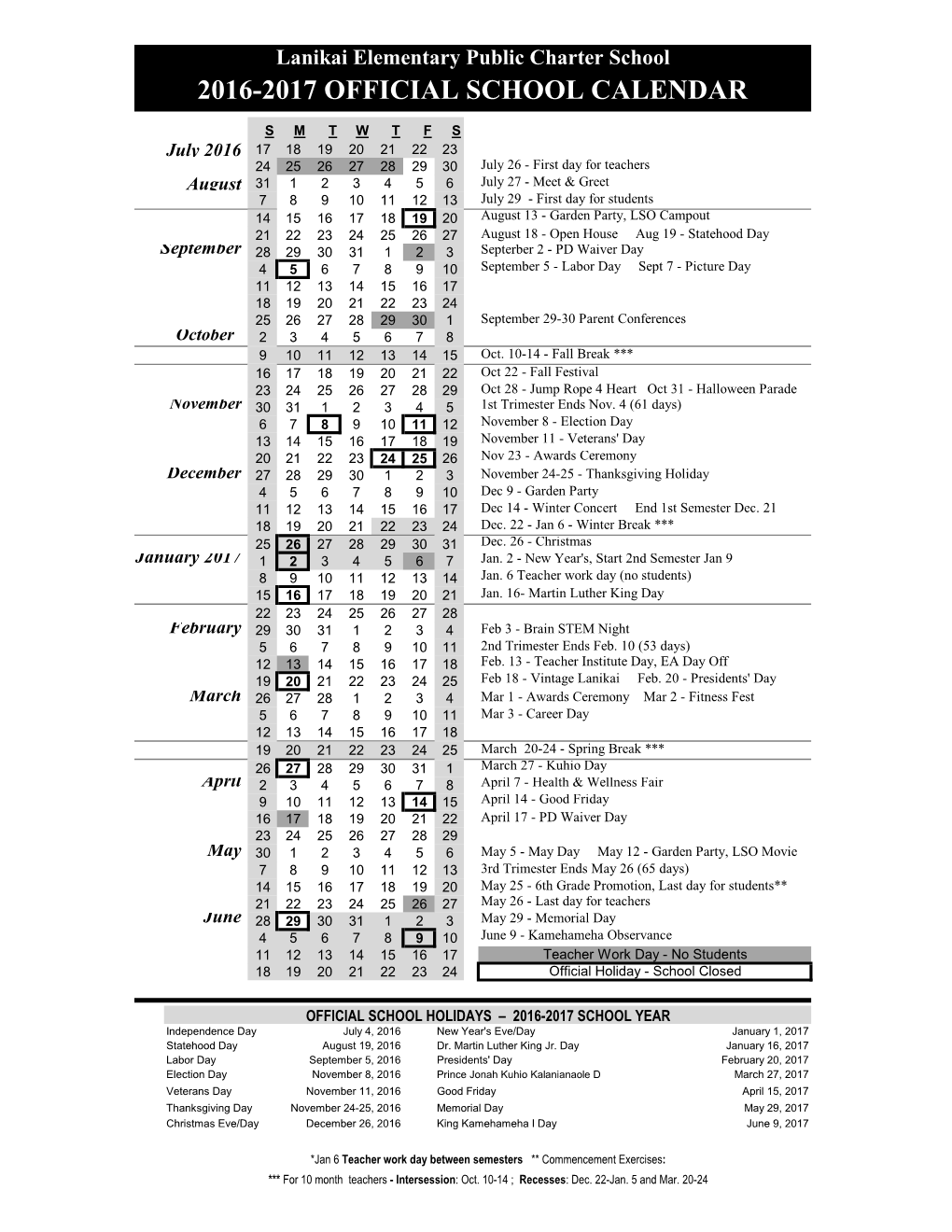 2016-2017 Official School Calendar