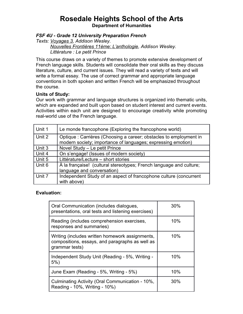 FSF 1D - Grade 9 Academic French