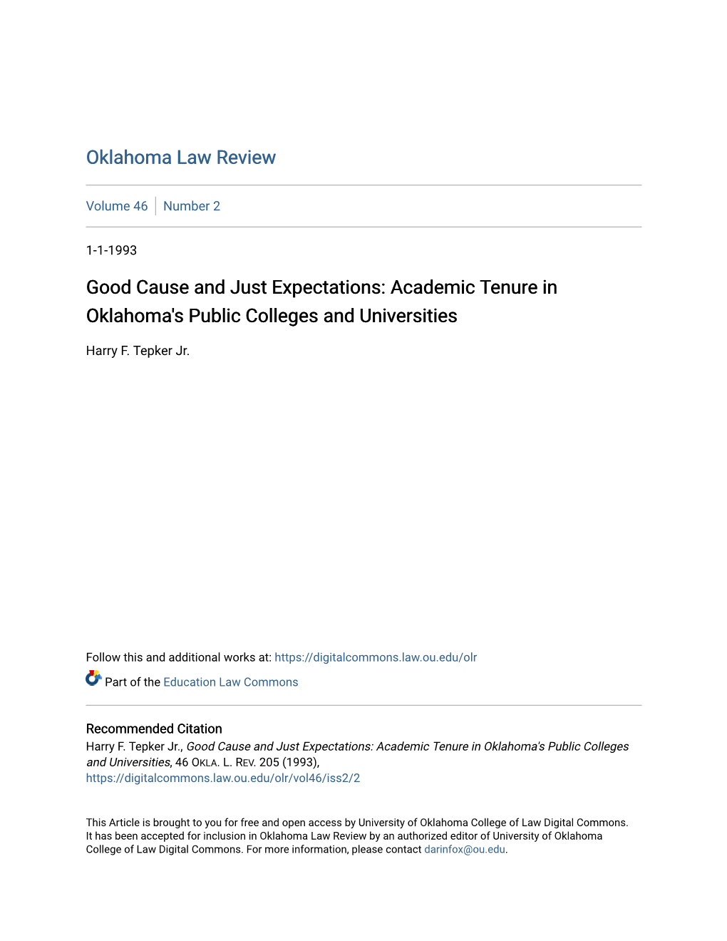 Academic Tenure in Oklahoma's Public Colleges and Universities
