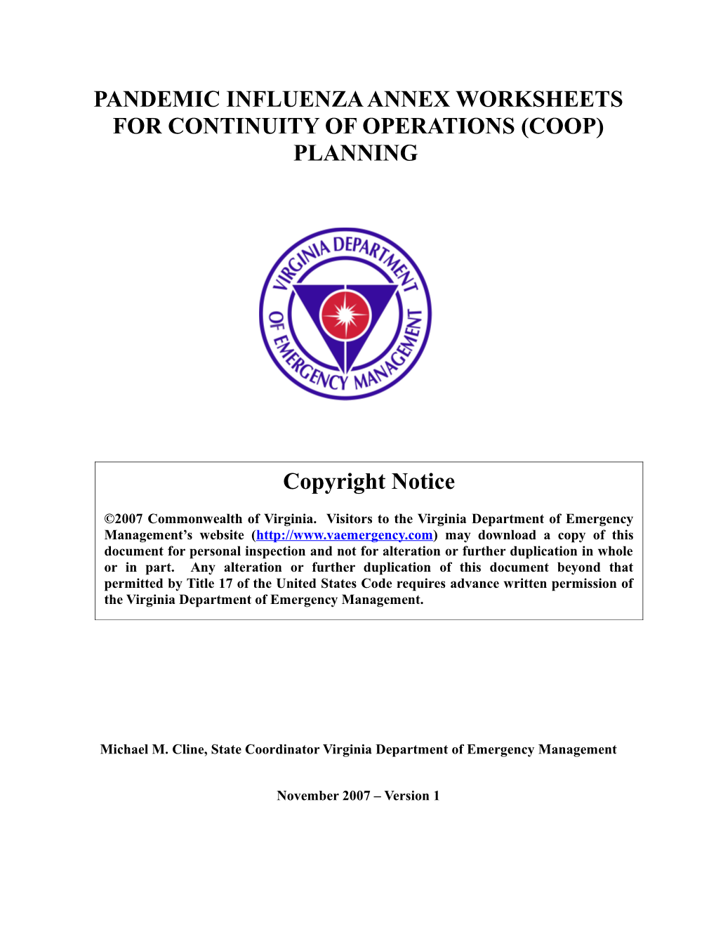 Pandemic Influenza Annex Worksheets for Continuity of Operations (Coop) Planning