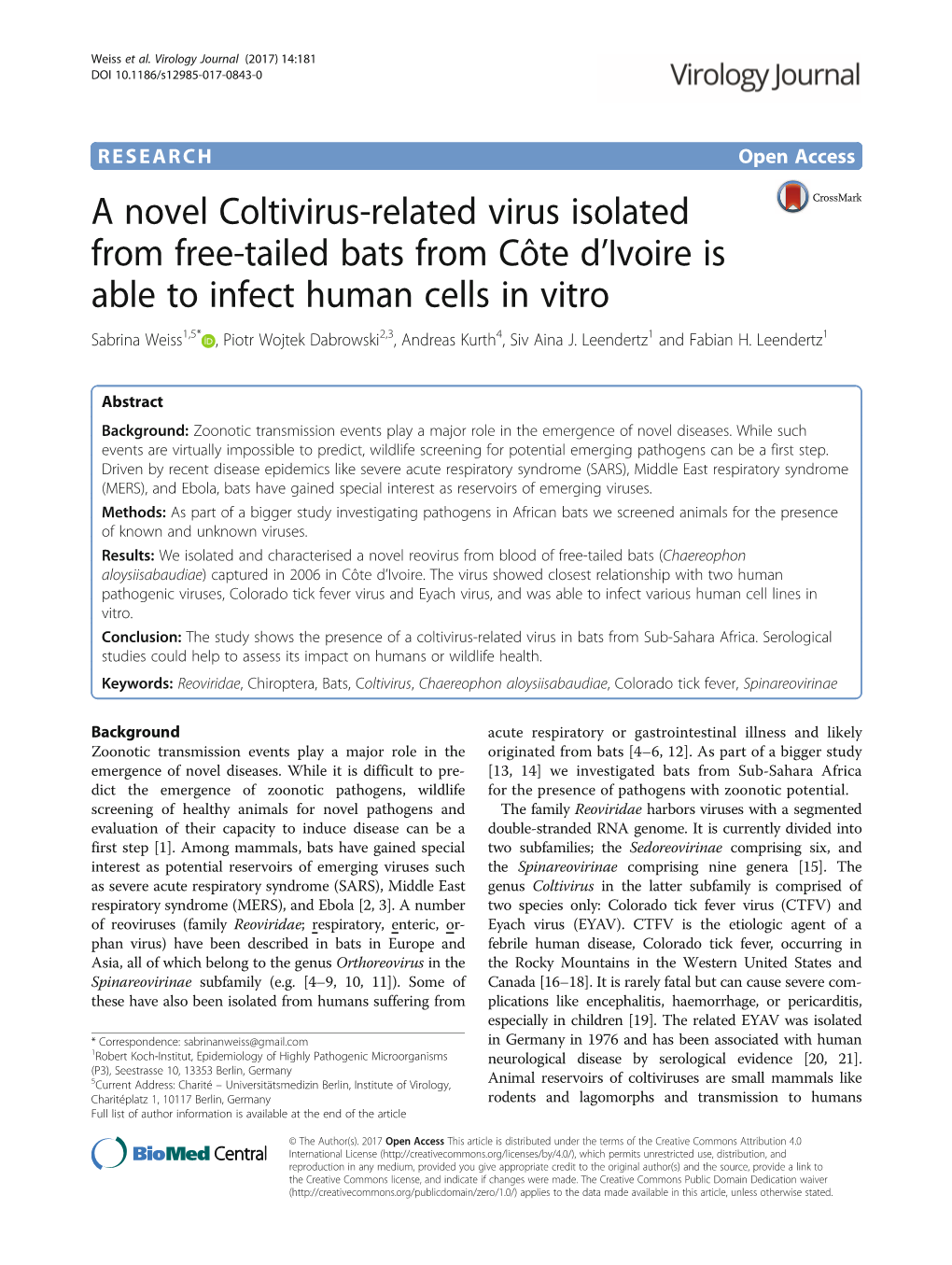 A Novel Coltivirus-Related Virus Isolated from Free-Tailed Bats From