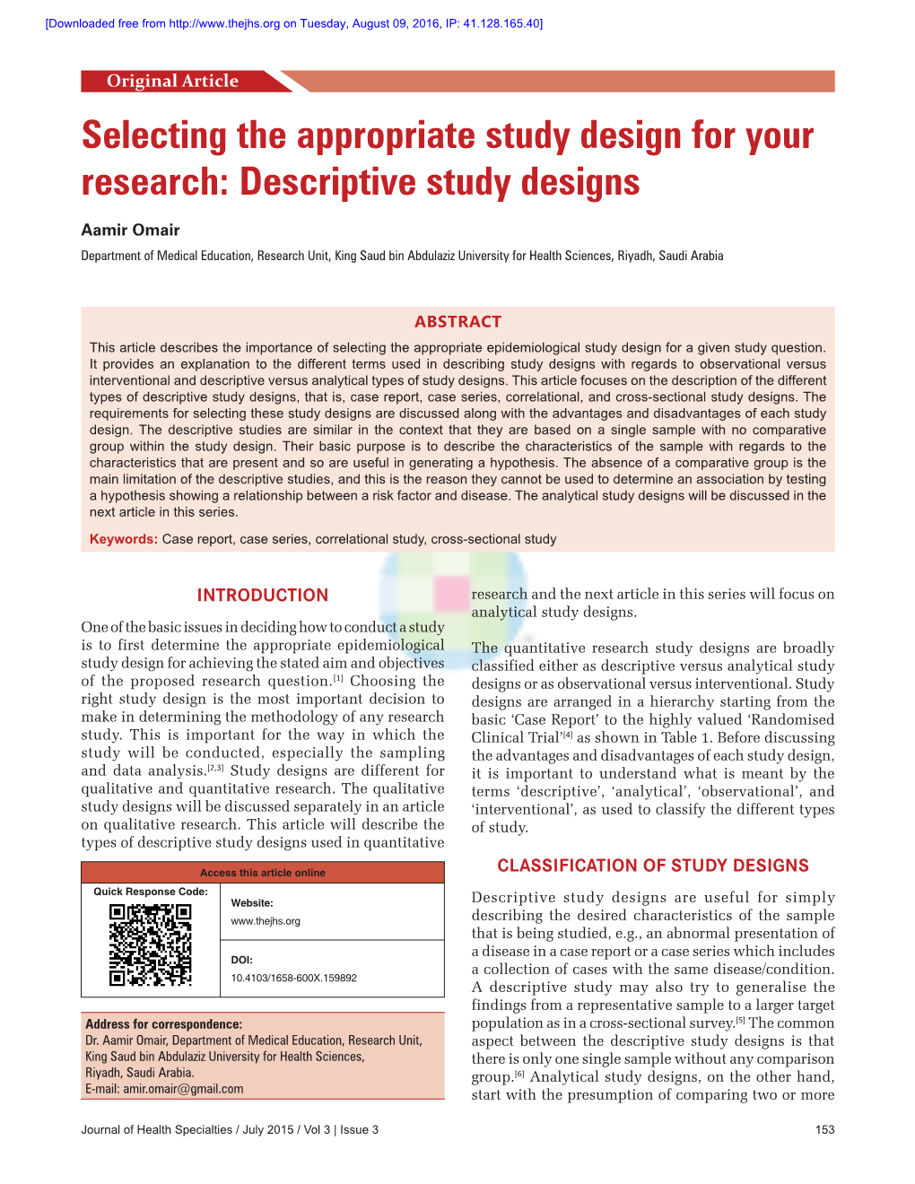 Selecting the Appropriate Study Design for Your Research: Descriptive Study Designs