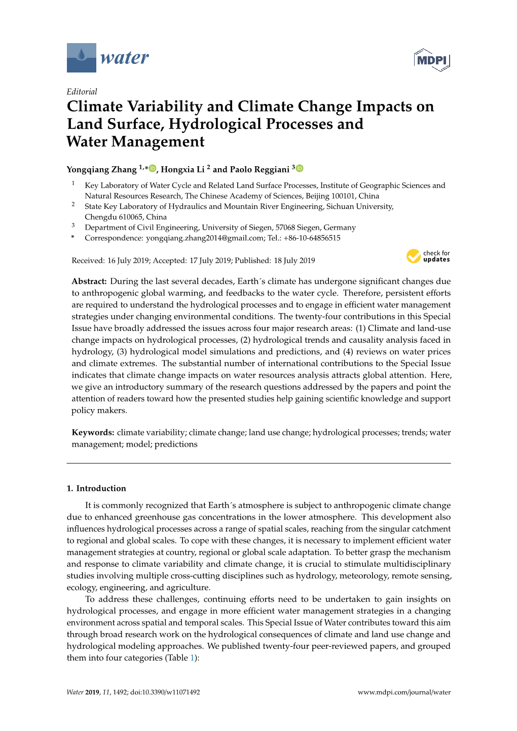 Climate Variability and Climate Change Impacts on Land Surface, Hydrological Processes and Water Management