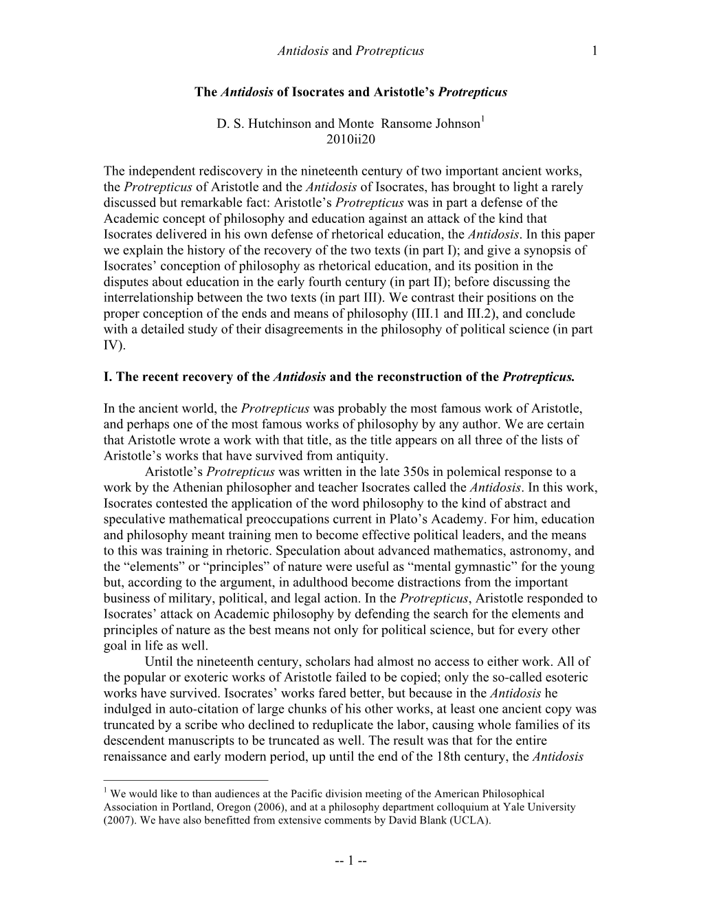 Antidosis and Protrepticus 1 -- 1 -- the Antidosis of Isocrates And