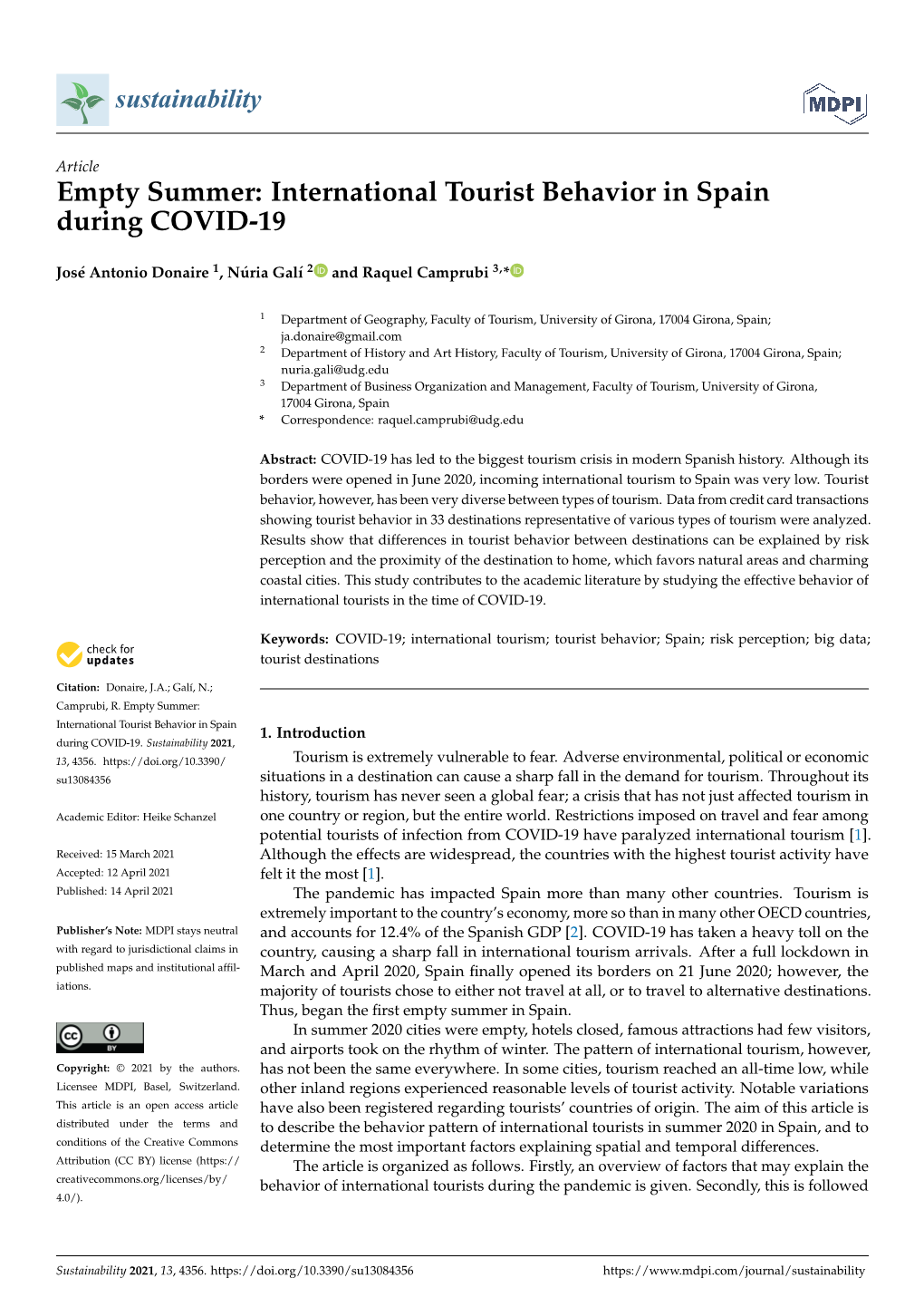 International Tourist Behavior in Spain During COVID-19