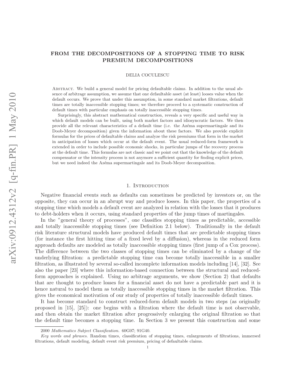 From the Decompositions of a Stopping Time to Risk Premium Decompositions