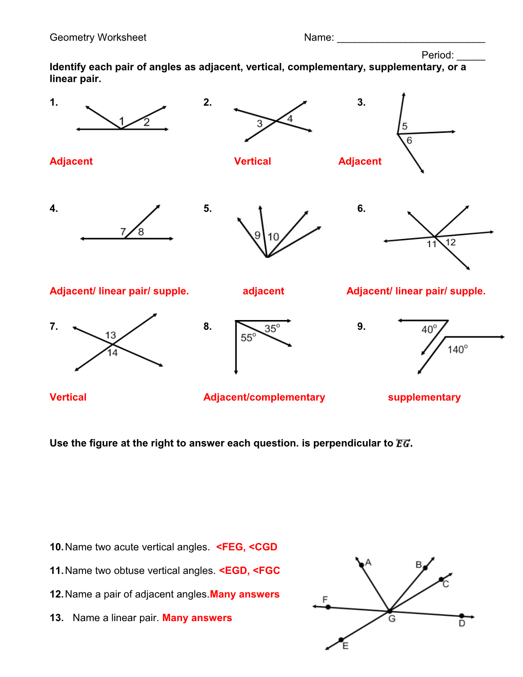 Identify Each Pair of Angles As Adjacent, Vertical, Complementary, Supplementary, Or A