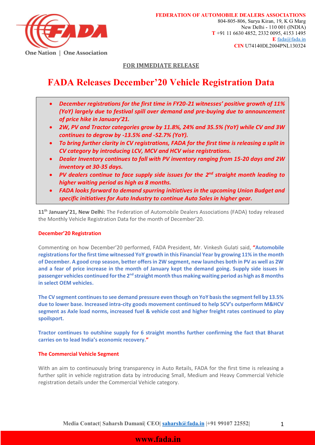 FADA Releases December'20 Vehicle Registration Data