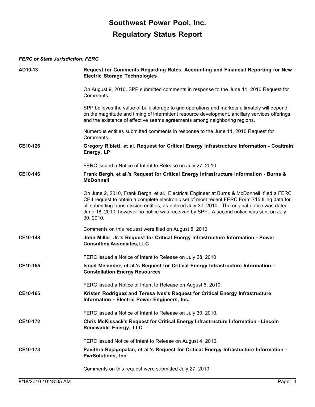 Southwest Power Pool, Inc. Regulatory Status Report