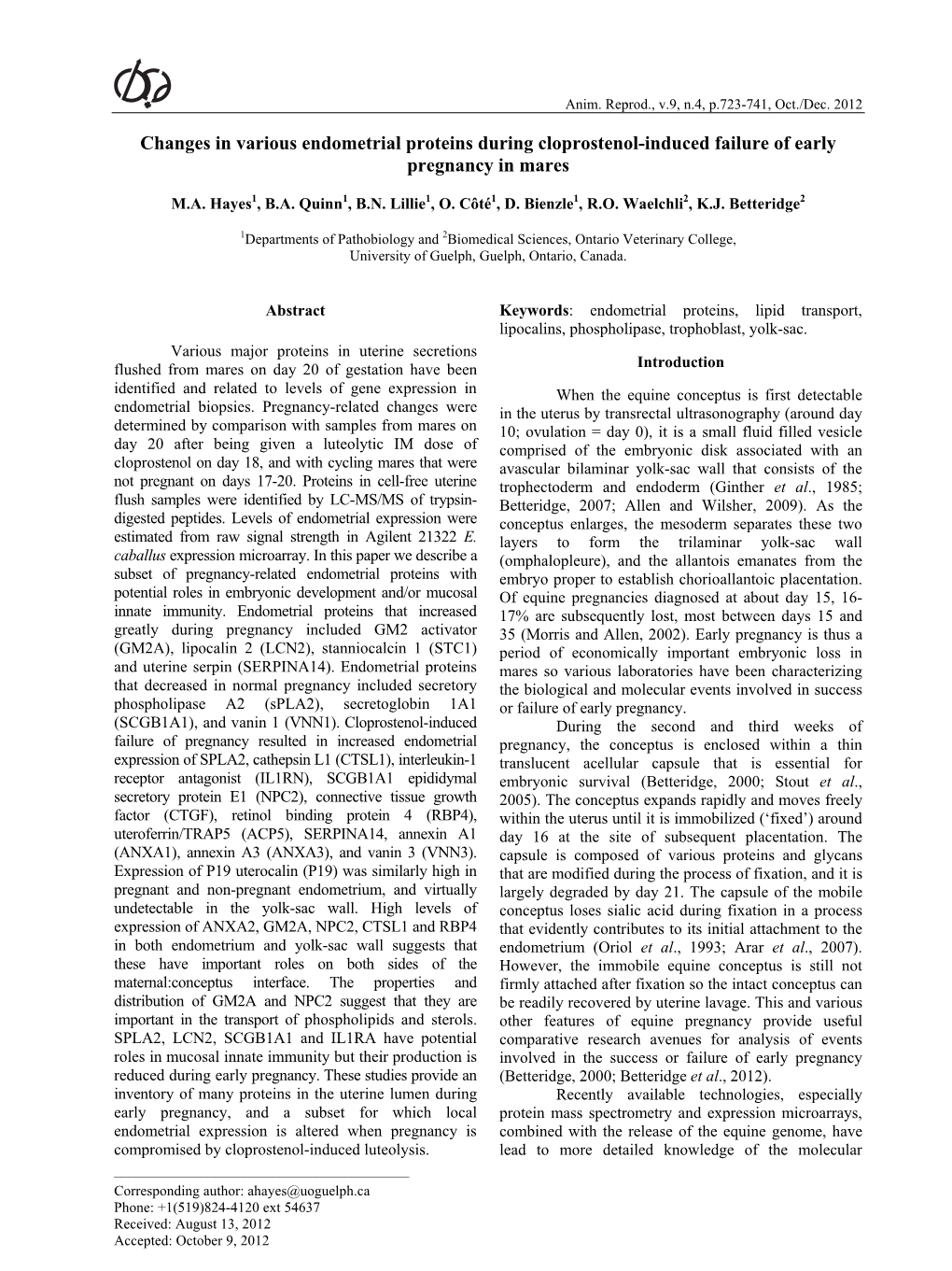 Changes in Various Endometrial Proteins During Cloprostenol-Induced Failure of Early Pregnancy in Mares