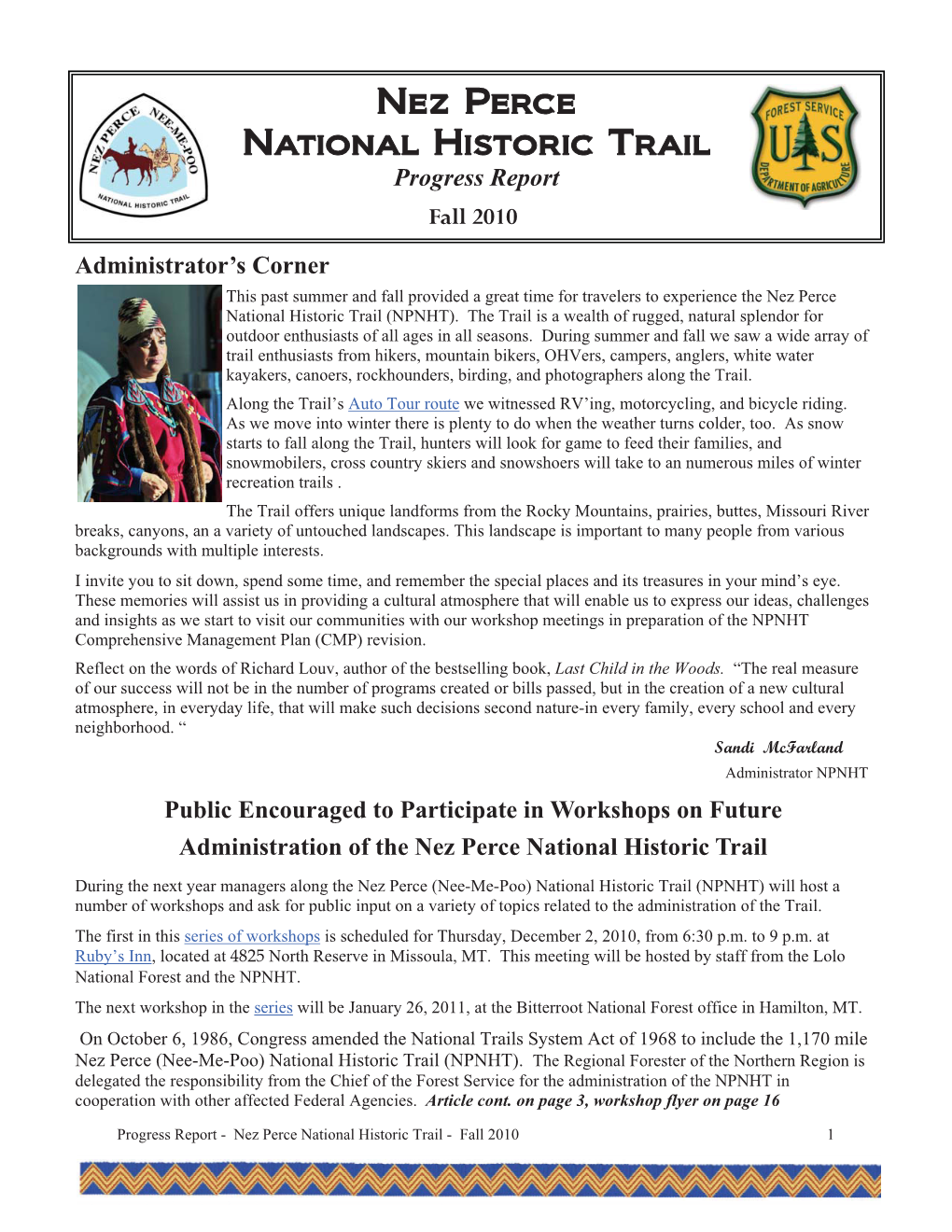 Nez Perce National Historic Trail Progress Report Fall 2010 Administrator’S Corner